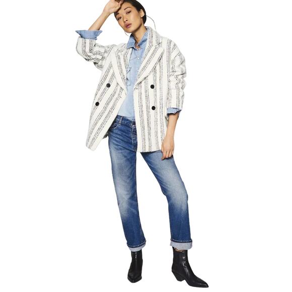 BASH Fillie Coat Double Breasted Striped Ivory Ecru Wool Alpaca Peacoat Medium